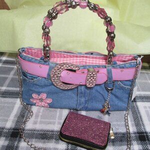 P2378-BOOTY Bag Pink Gingham with Pink Rhinestone Wallet